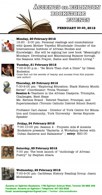 Events at Áccents on Eglinton Bookstore - February 20 - 29, 2012